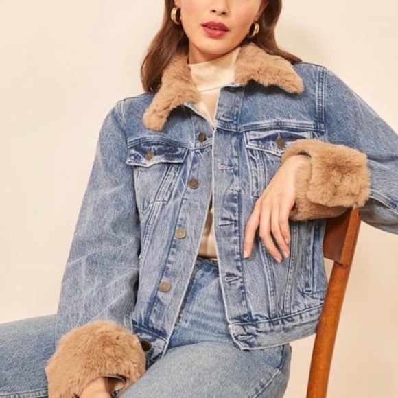 Reformation Aussie Denim Jacket Faux Fur Trim - Picture 5 of 5